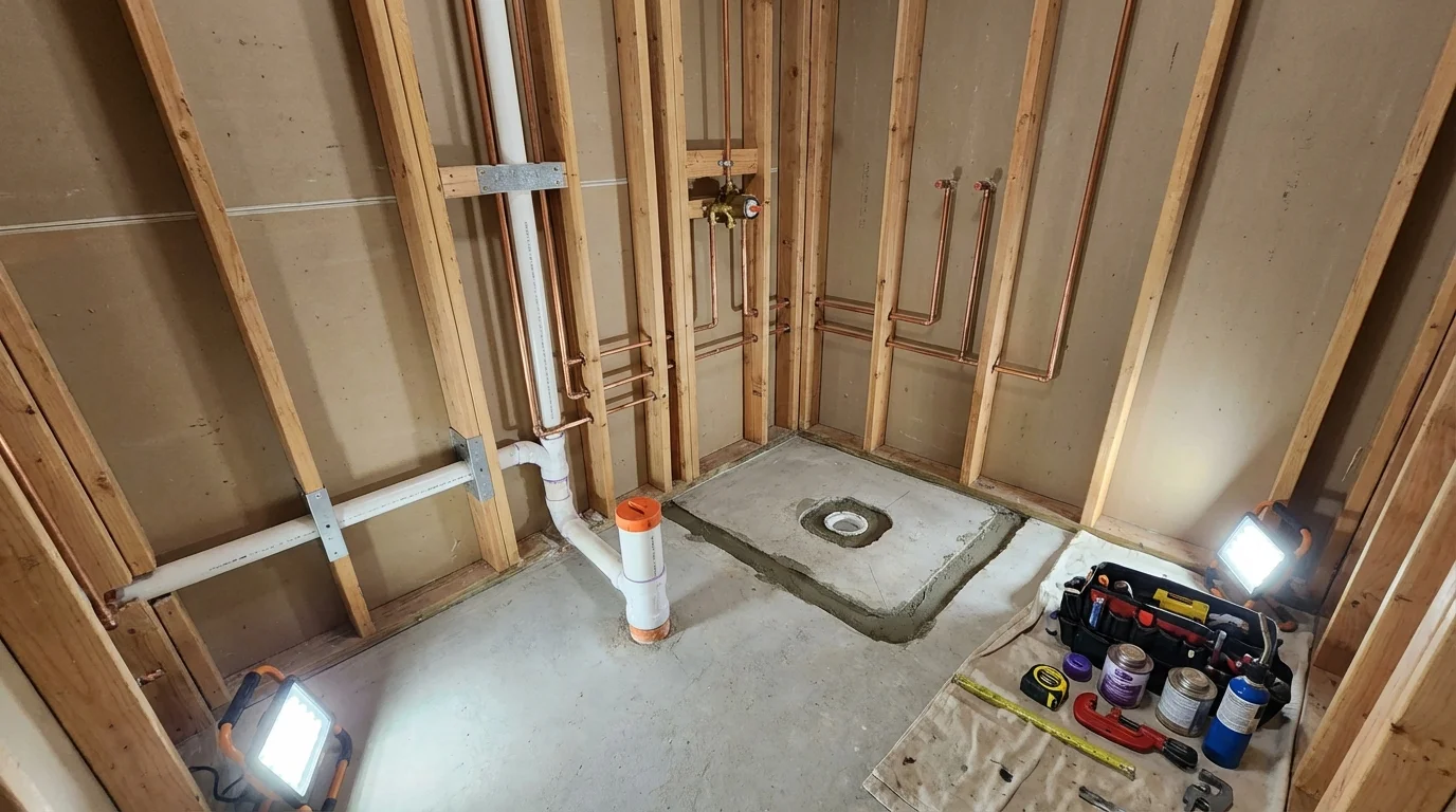 Bathroom rough-in plumbing during remodel by Johns Plumbing LLC in San Jacinto