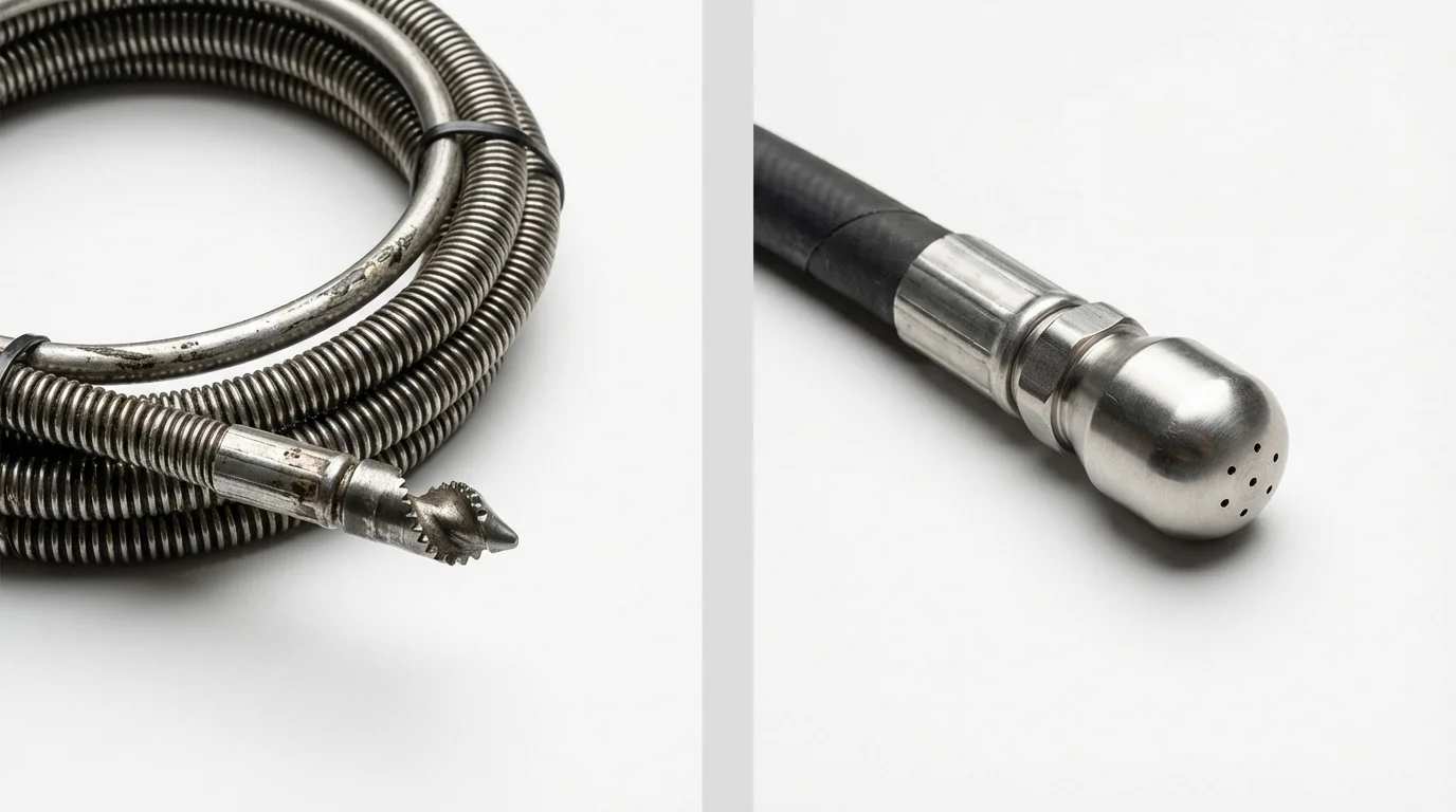 Drain snake cable and hydro jetting nozzle used for drain cleaning in San Jacinto, CA