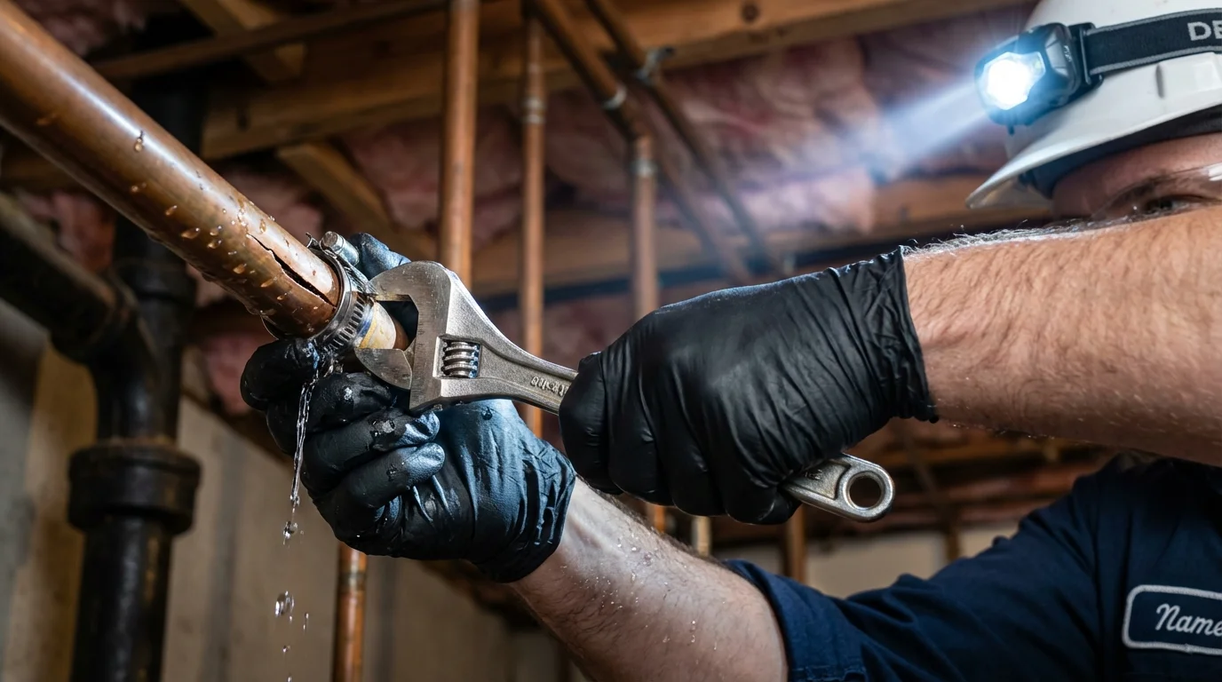 Emergency pipe clamp repair being performed by a Johns Plumbing LLC plumber in San Jacinto