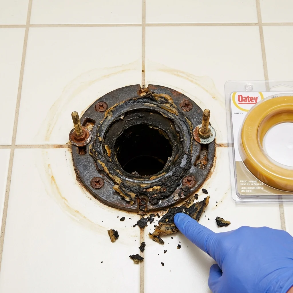 Failed wax ring showing water seepage at the base of a toilet in a San Jacinto, CA home