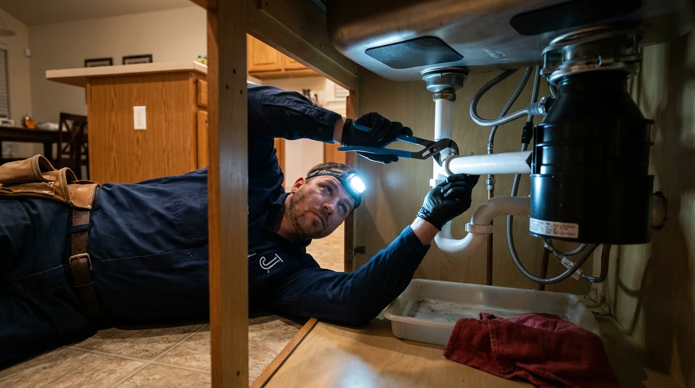 P-trap and supply line connections under a kitchen sink showing a common leak point in San Jacinto, CA
